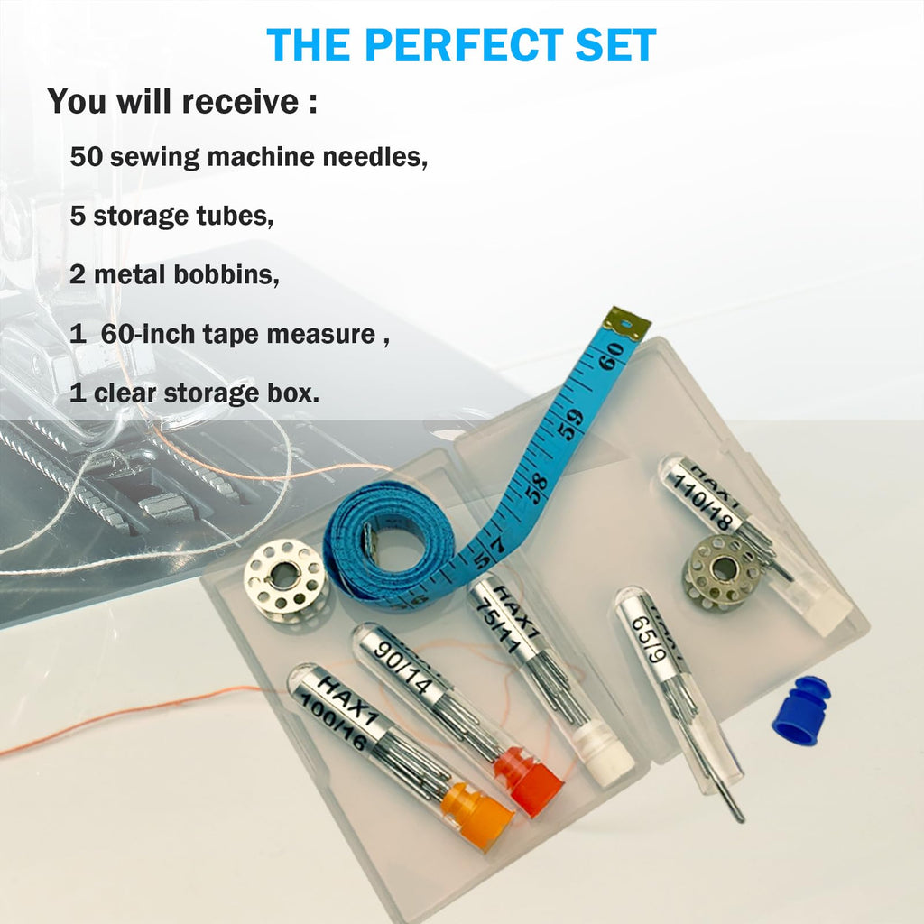 50 Pcs Universal Sewing Machine Needles HAX1 (65/9, 75/11, 90/14, 100/16 and Heavy Duty 110/18) Ideal for Various Fabrics, Compatible with Singer, Brother, Janome and Most Home Sewing Machine Brands
