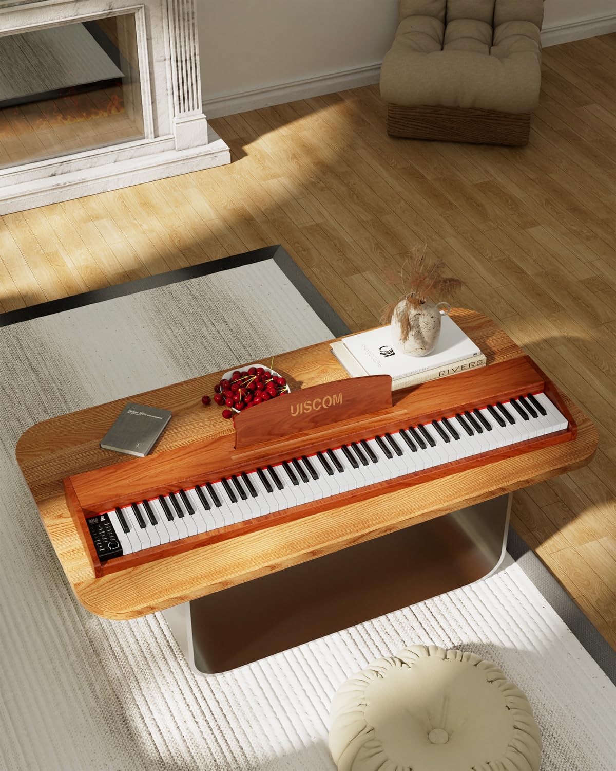 UISCOM Digital Piano Keyboard for Beginners, Full Size 88 Key Semi-Weighted Keyboard Electric Piano with Stand,Power Adapter,Sheet Music Stand,Pedal,Headphone,USB-MIDI Compatible,Wood Grain Apricot