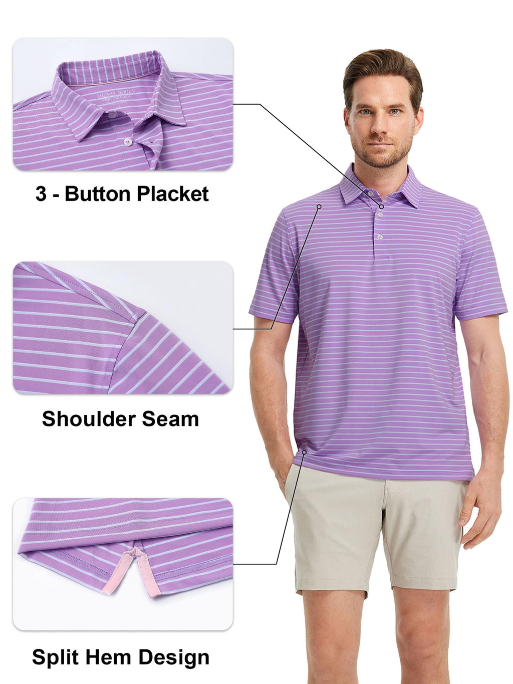 Rouen Mens Polo Shirts Short Sleeve Dry Fit Performance Moisture Wicking Causal Striped Polo Collared Golf Shirts for Men