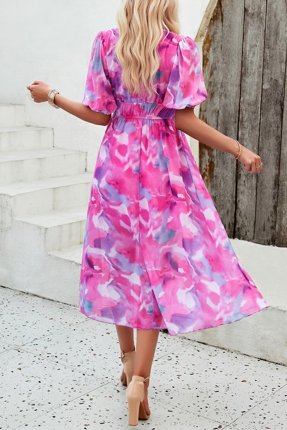 UEAL Womens Floral Flowy Wrap V Neck Midi Dress Short Sleeve Elastic Waist Casual Spring Summer Dresses for Women 2025
