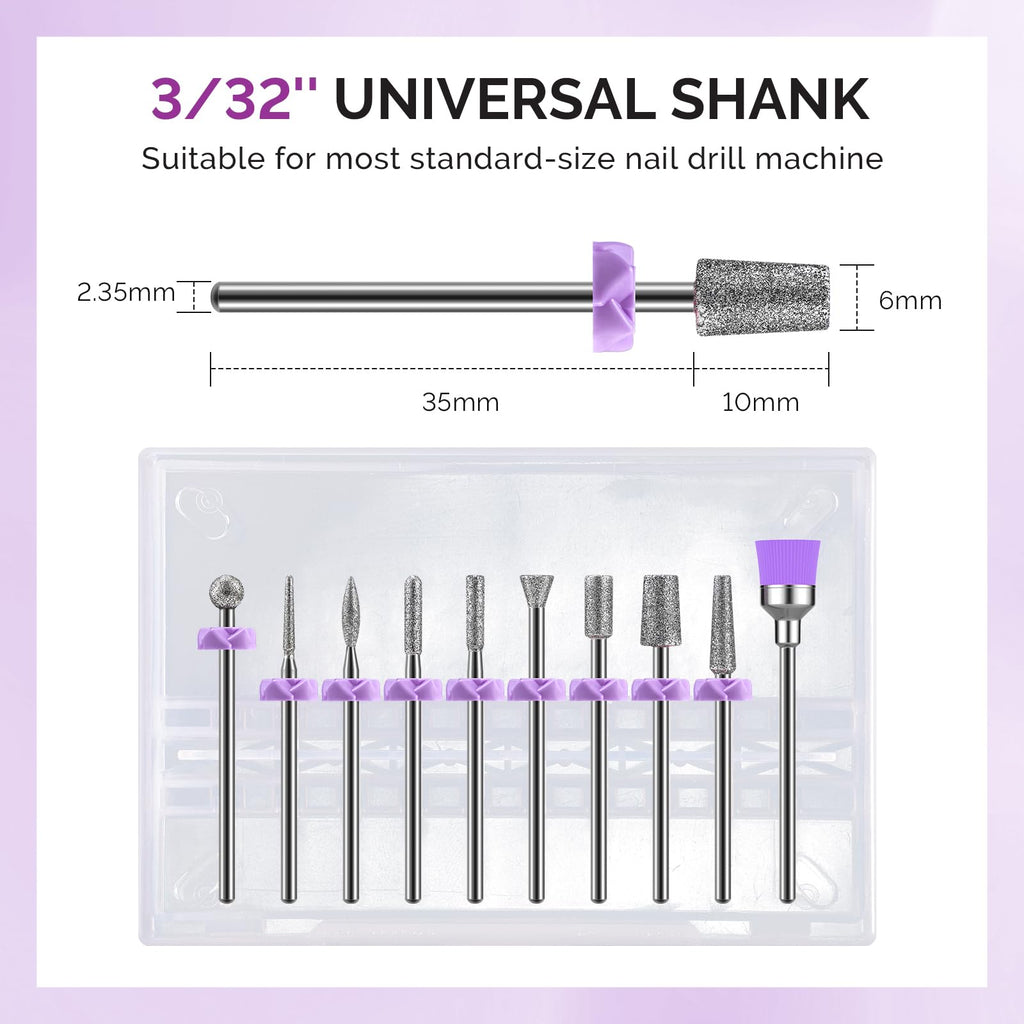 MelodySusie 10pcs Nail Drill Bits Set, 3/32 Inch Diamond Cuticle Bits for Nail Drill E-File, Manicure Pedicure Remover Tools for Acrylic Gel Nails, Salon Home Use Nail Care Supplies, Rainbow