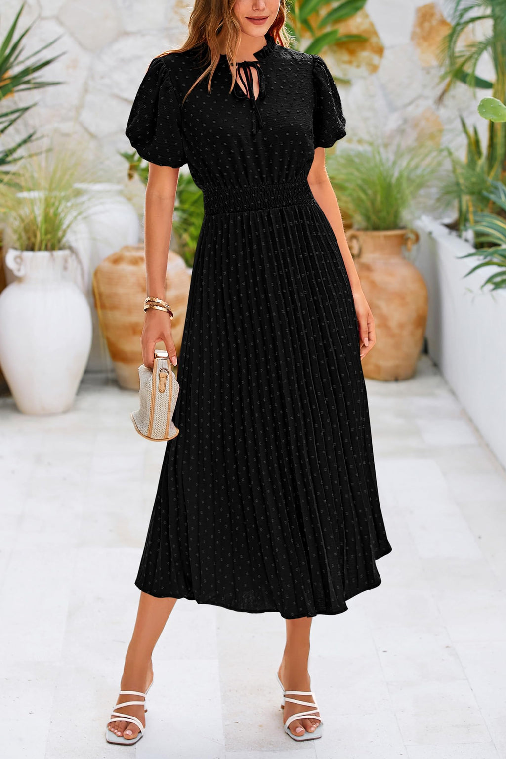 PRETTYGARDEN Womens Summer Midi Dresses Puff Short Sleeve V Neck Swiss Dot Pleated A Line Flowy Long Wedding Guest Dress
