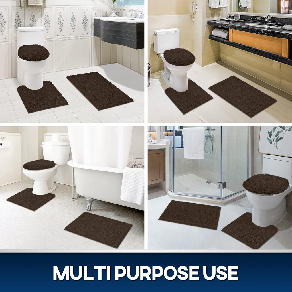 TREETONE Chenille Bath Mat 3 Pieces Bathroom Rugs Set, 20x20 Inches U-Shape Contoured Toilet Mat & 20x32 Inches Rug & Lid Cover,Water Absorbent Plush Rugs for Tub Shower & Bath Room -Beige