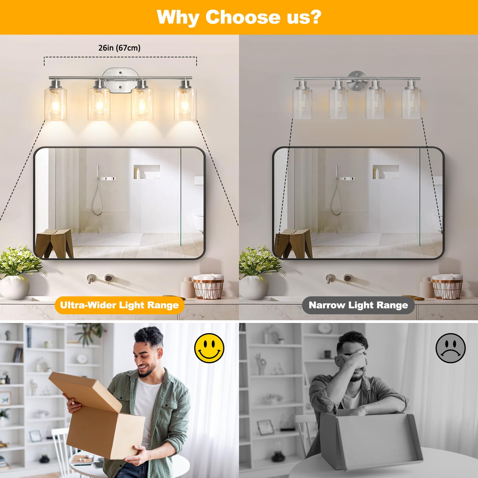 Unicozin 2 Pack Modern Bathroom Light Fixtures, 3 Light Vanity Lights, Black Wall Lamp with Clear Glass for Bathroom, Mirror, Living Room, Bedroom, Hallway, E26 Base