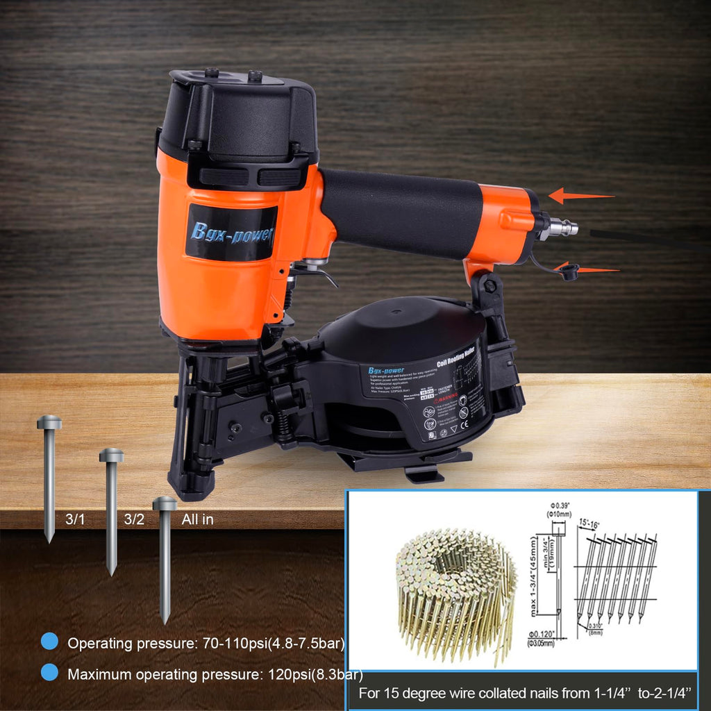 Honduras Style Roofing Nail Gun, 15 Degree CN45N Roofing Nailer 3/4-Inch to 1-3/4-Inch Coil Nails, 120-pcs Load Capacity Coil Nailer