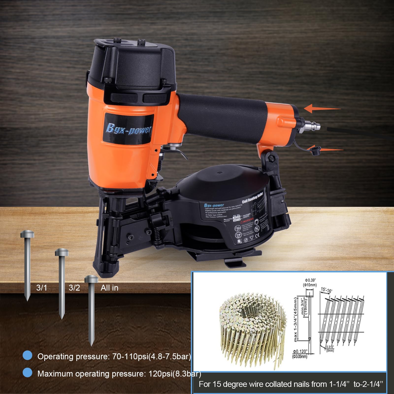 Honduras Style Roofing Nail Gun, 15 Degree CN45N Roofing Nailer 3/4-Inch to 1-3/4-Inch Coil Nails, 120-pcs Load Capacity Coil Nailer