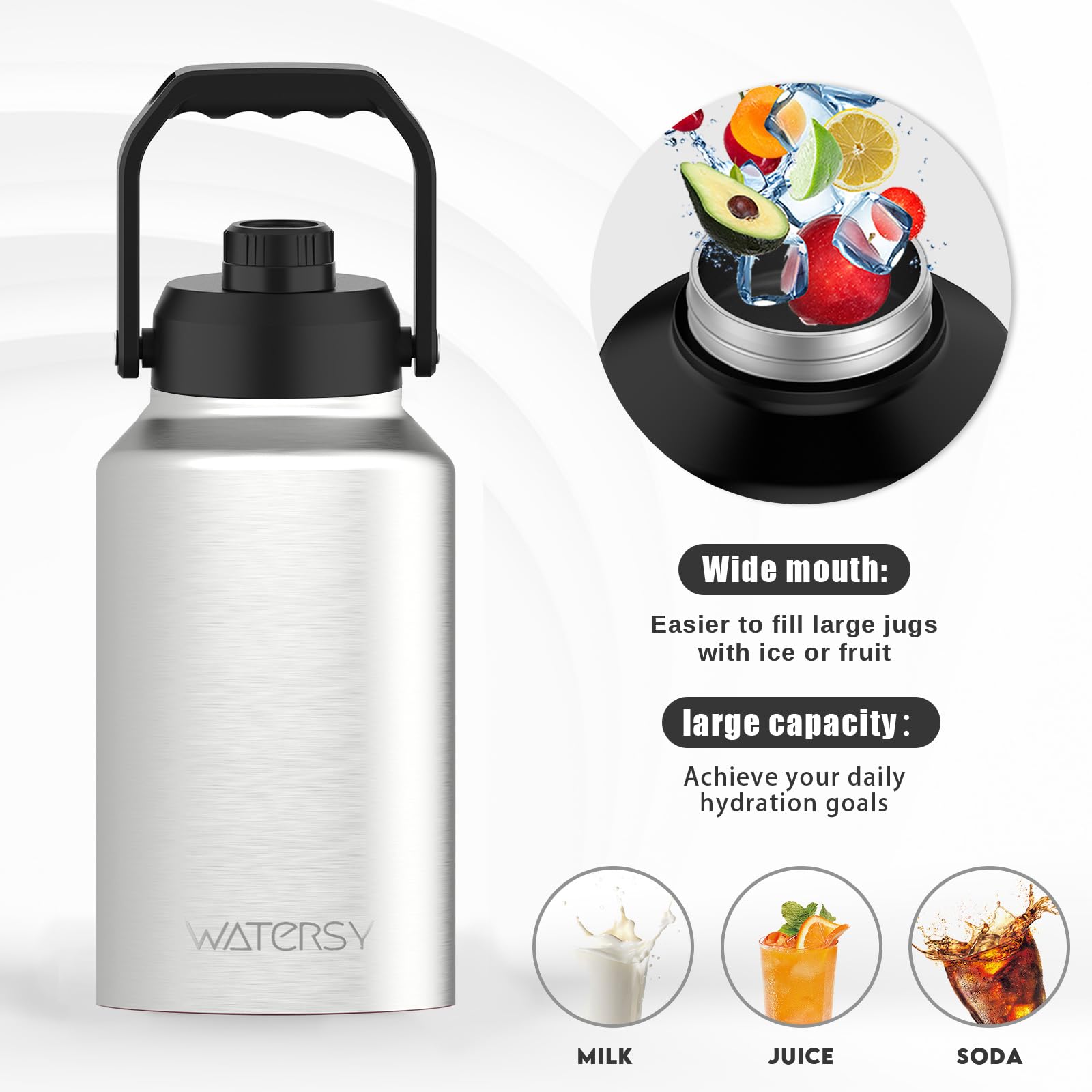 WATERSY Half Gallon Water Bottle Insulated(Cold for 48 Hrs),BPA Free&Leak Proof,64oz Stainless Steel Water Jug/Flask,Big thermo,Large Water Bottle with Handle for Gym,Hiking,Camping,Black