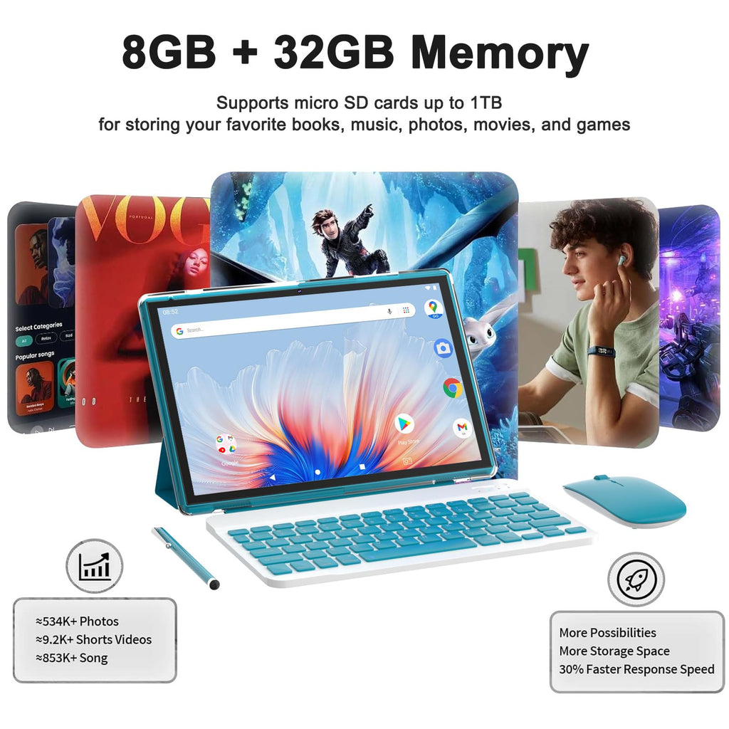 Android 15 | Tabalet with Keyboard | Tablet 10 inch | 2 in 1 Tablet | 8GB+32GB+2TB Expand | 1280 * 800 IPS Touch Screen Computer | 5G WiFi 6, L1 | Long Battery Life Tablet （Black）