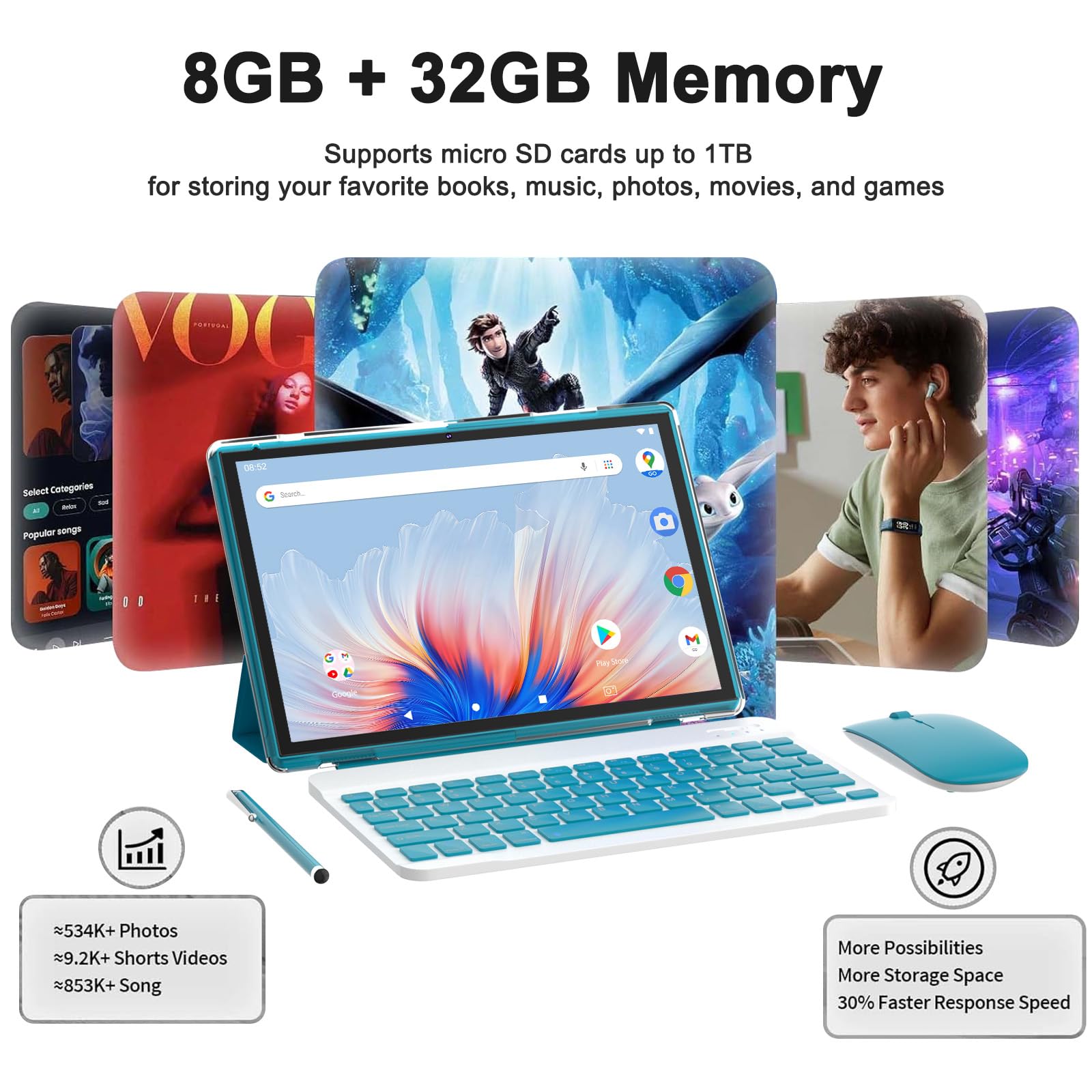 Android 15 | Tabalet with Keyboard | Tablet 10 inch | 2 in 1 Tablet | 8GB+32GB+2TB Expand | 1280 * 800 IPS Touch Screen Computer | 5G WiFi 6, L1 | Long Battery Life Tablet （Black）