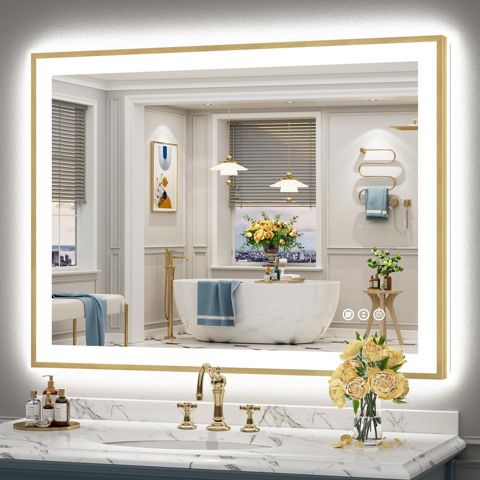 24x36 Gold Beveled LED Bathroom Mirror with Lights, Brushed Gold Framed Backlit and Front Lit Anti-Fog Lighted Vanity Mirrors for Bathroom Wall, Dimmable, 3 Colors, Memory, HD Tempered Glass