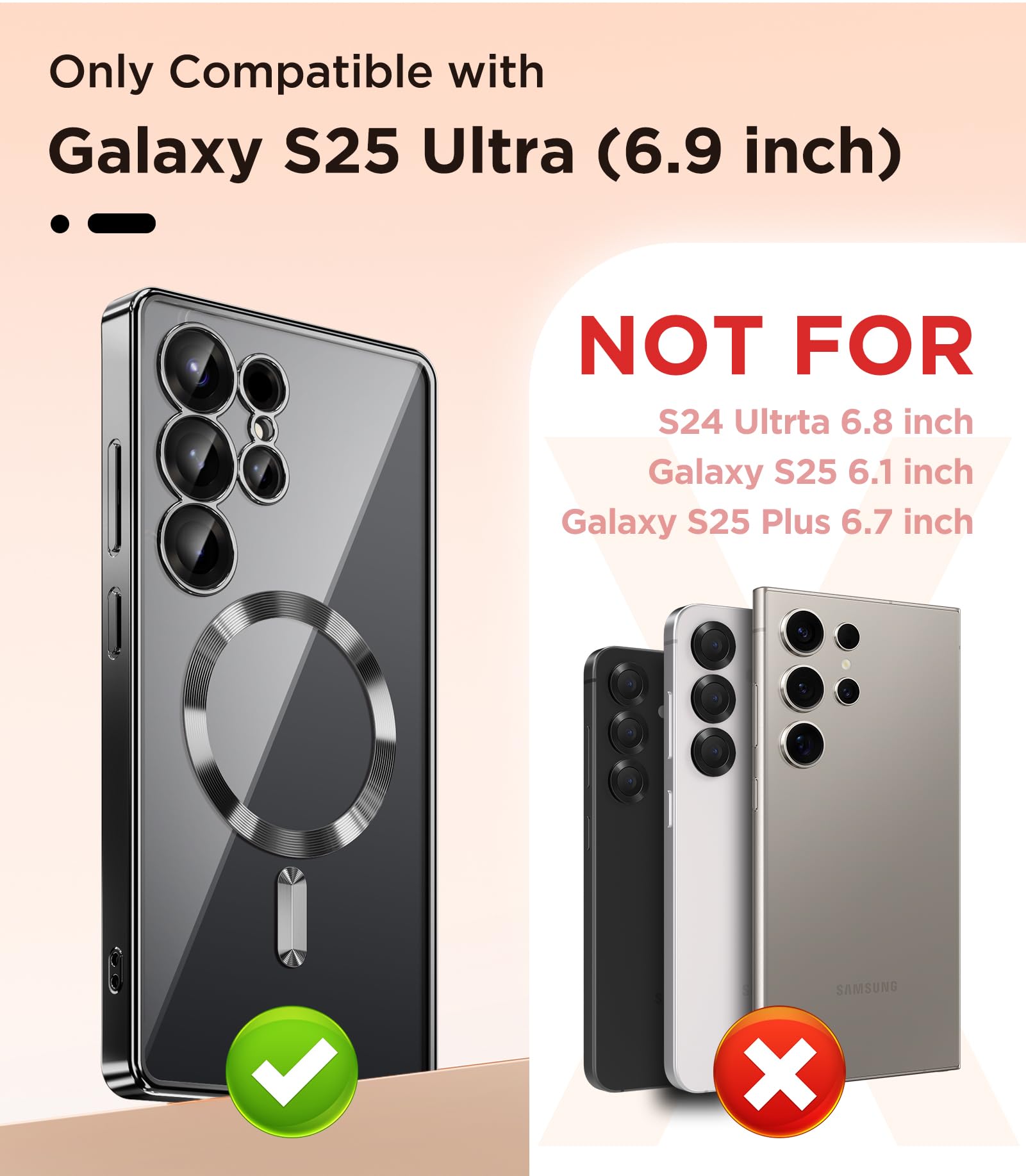 Magnetic Case Compatible with Samsung Galaxy S25 Ultra,Compatible with MagSafe,[Full Camera Protection][Screen Protector] Shockproof Plating Clear Phone Cover for Galaxy S25 Ultra(Black/Clear)