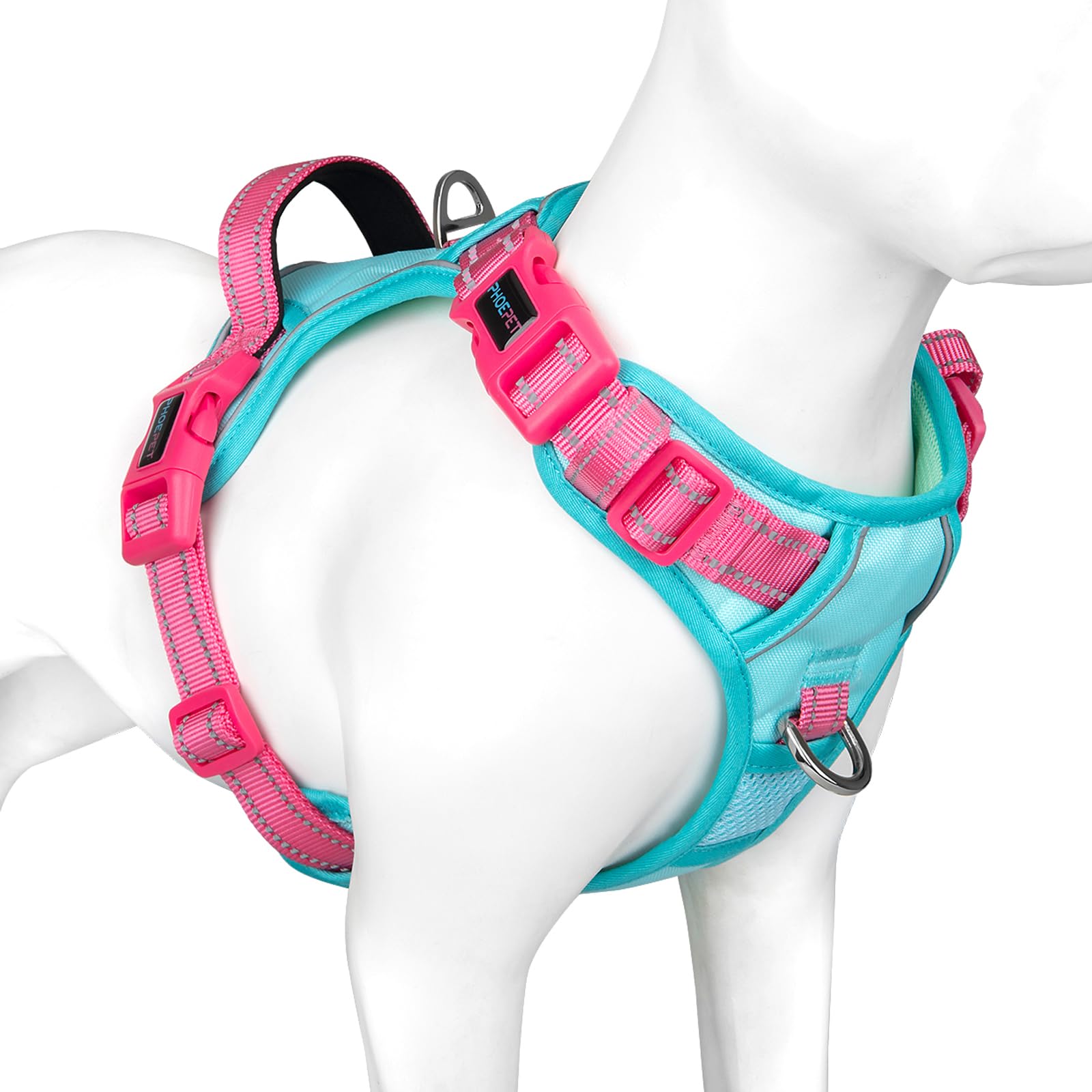 PHOEPET No Pull Dog Harness, Unique Colors Reflective Adjustable Dog Vest, with Soft Training Handle Metal Clips for Small Medium Large Dogs (Baby Blue Base & Pink Straps,S)
