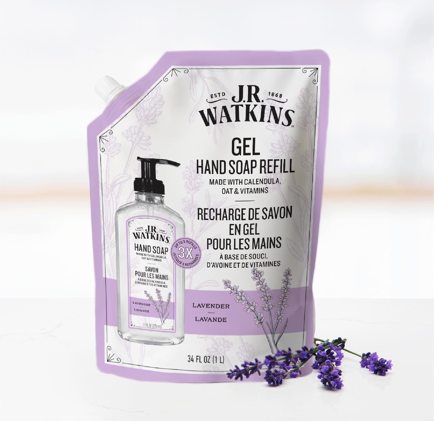 J.R. Watkins Gel Hand Soap Refill, Moisturizing Hand Wash, Formulated with Plant-Based Cleansers, Alcohol-Free, Cruelty-Free, Aloe & Green Tea, 34 Fl Oz, 2 Pack