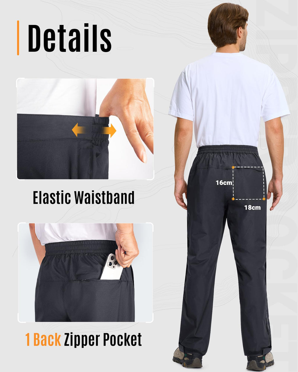 33,000ft Men's Rain Pants Full Zip Waterproof Pants Breathable Rain Over Trousers for Outdoor Hiking Golf Work