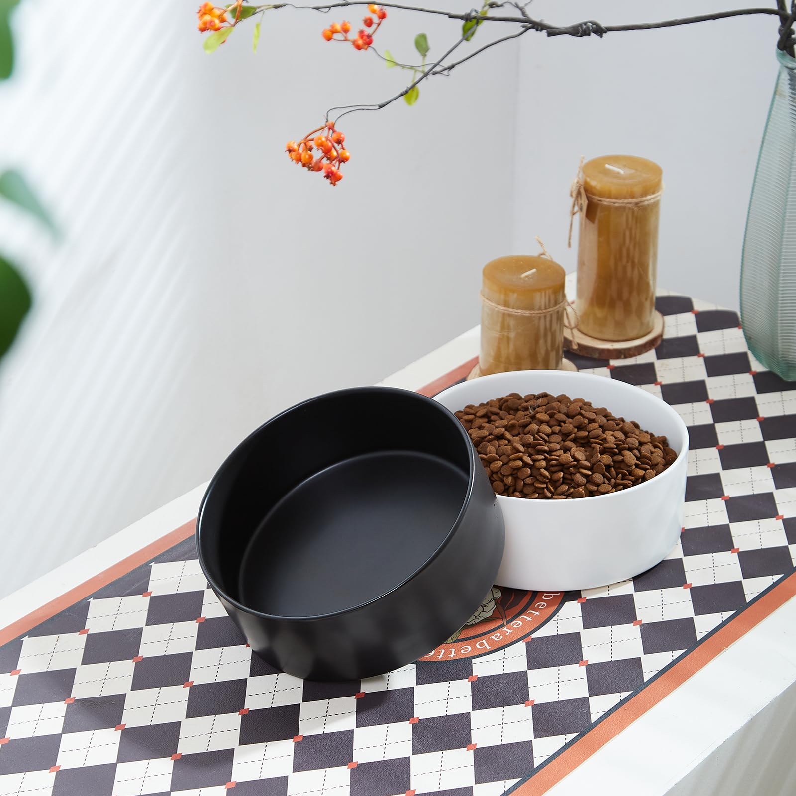6'' Ceramic Raised Dog Bowl - 30Oz Dog Food & Water Bowl with Elevated Non-Slip Bamboo Stand, Dishwasher & Microwave Safe, Anti Vomiting Heavy Duty Pet Bowl for Small and Medium Dogs, Black