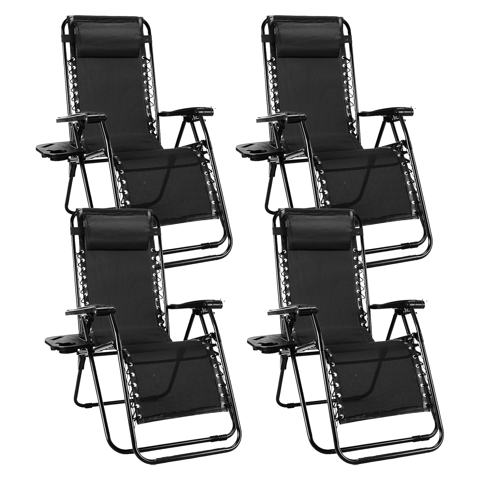Sweetcrispy Zero Gravity Chairs, Set of 4 Portable Recliner Beach Camping Patio Outdoor Folding Lounge Chair with Cup Holder Trays and Adjustable Pillow for Poolside, Garden, Backyard, Lawn, Black