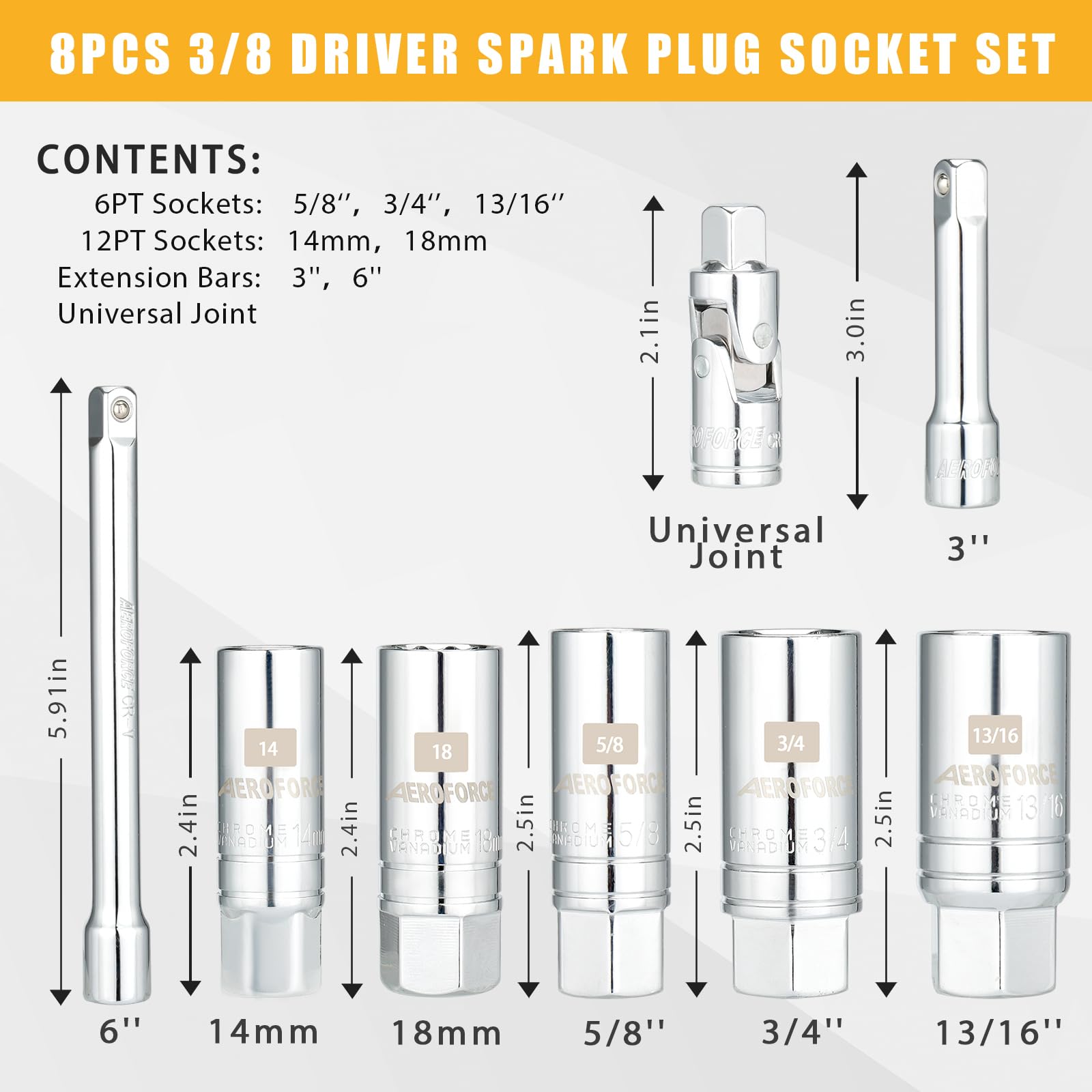 AEROFORCE 3/8-Inch Drive Spark Plug Socket Set 8PCS - Includes 6 Point Sockets 5/8-inch, 3/4-inch and 13/16-inch, 12 Point Sockets 14mm&18mm, 2 Extension Bars,Universal Joint