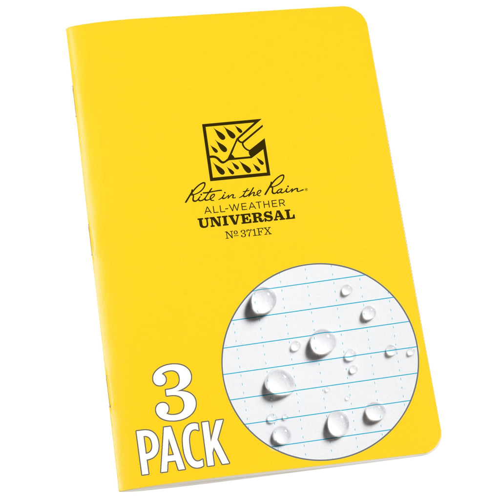 Rite In The Rain Weatherproof Stapled Notebook, 4.625" x 7", Black Cover, Universal Pattern, 3 Pack (No. 771FX)