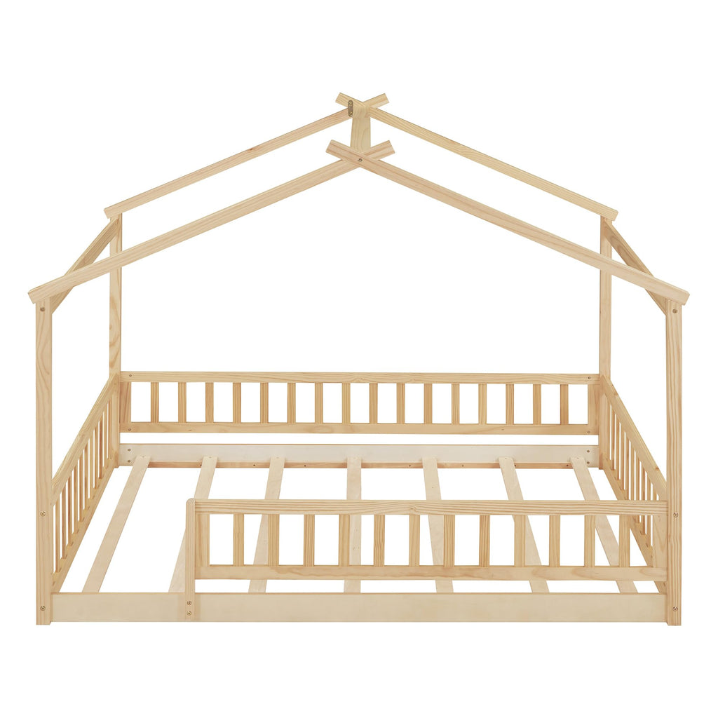 Merax Twin Size Wooden House Bed with Two Drawers, Wood Bed Frame with Roof for Kids, Teens, Boys or Girls, Grey