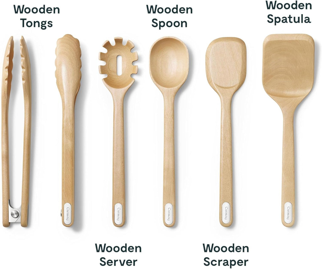 Caraway Wooden Utensil Set - 5 Piece Cooking Utensil Set - Spoon, Server, Scraper, Spatula, & Tongs - Made From FSC-Certified Birch Wood - No Microplastics