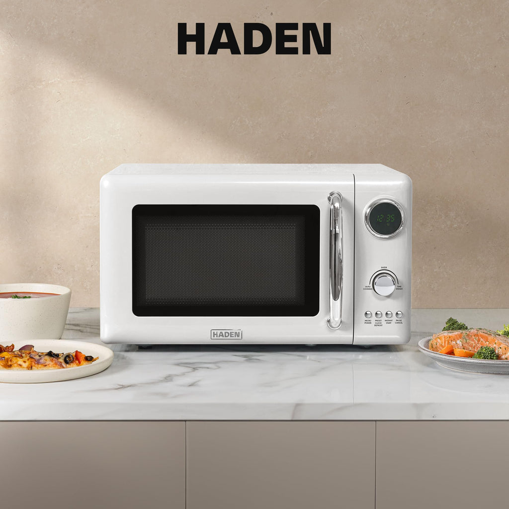Haden 700 Watt 0.7 Cubic Foot Microwave Oven with Digital Controls, Defrost, and Instant Start Countertop Small Appliance, Ivory/Chrome