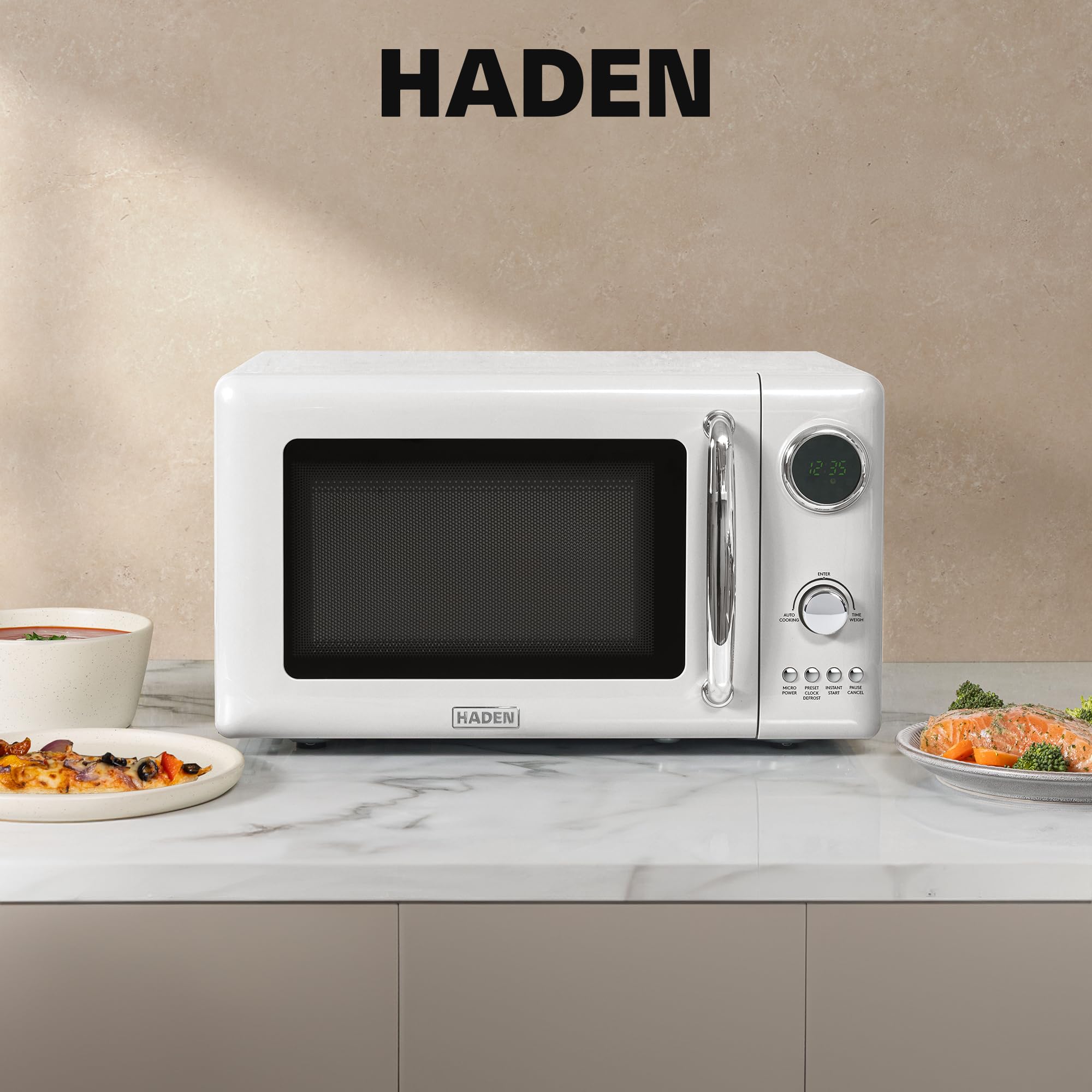 Haden 700 Watt 0.7 Cubic Foot Microwave Oven with Digital Controls, Defrost, and Instant Start Countertop Small Appliance, Ivory/Chrome