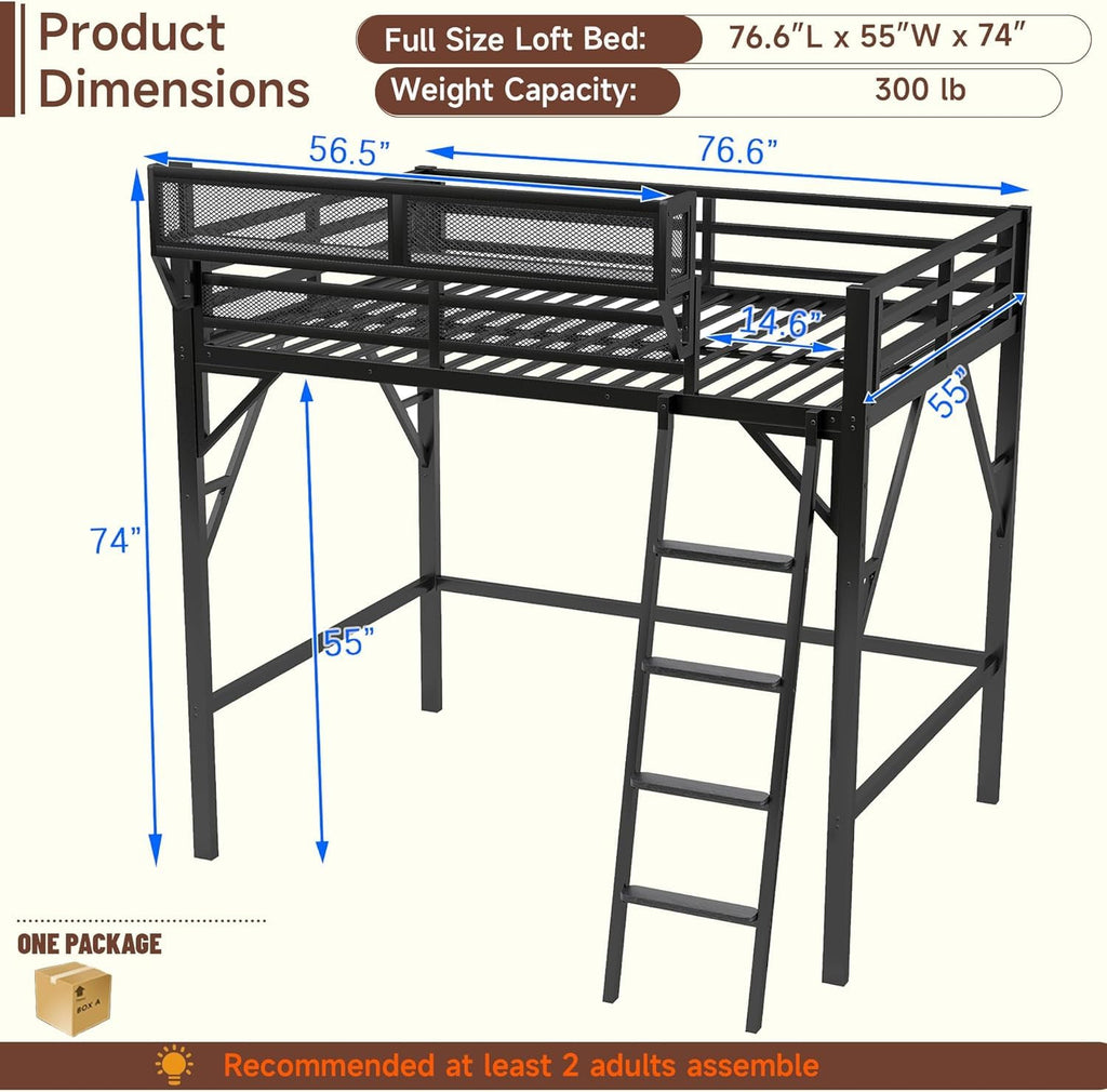 Mirightone Full Size Loft Bed with Stairs, Metal Loft Beds, High Loft Bed Frame with Storage Shelves, Lofted Full Bed with Wardrobe for Kids and Teens, No Box Spring Needed (Black)