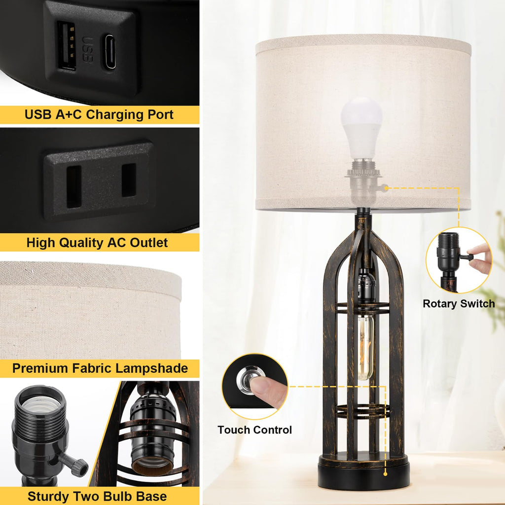 Seealle Table Lamp for Living Room Set of 2 - Wood-Like Bedside Lamp for Bedroom with USB C+A & Outlet, Farmhouse Lamps for Night Stands, 3-Way Dimmable Touch Lamps for Living Room
