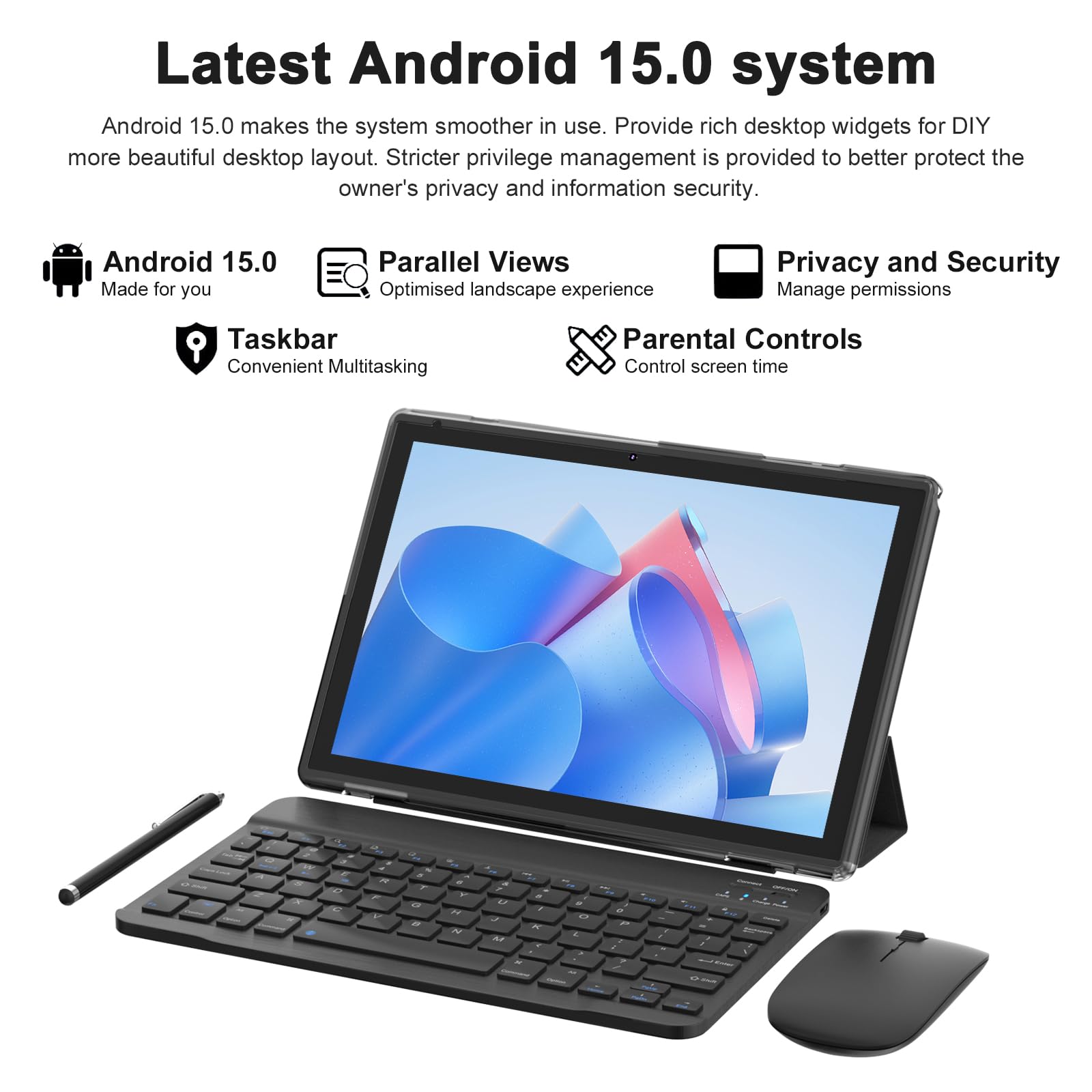 Android 15 | Tabalet with Keyboard | Tablet 10 inch | 2 in 1 Tablet | 8GB+32GB+2TB Expand | 1280 * 800 IPS Touch Screen Computer | 5G WiFi 6, L1 | Long Battery Life Tablet （Black）