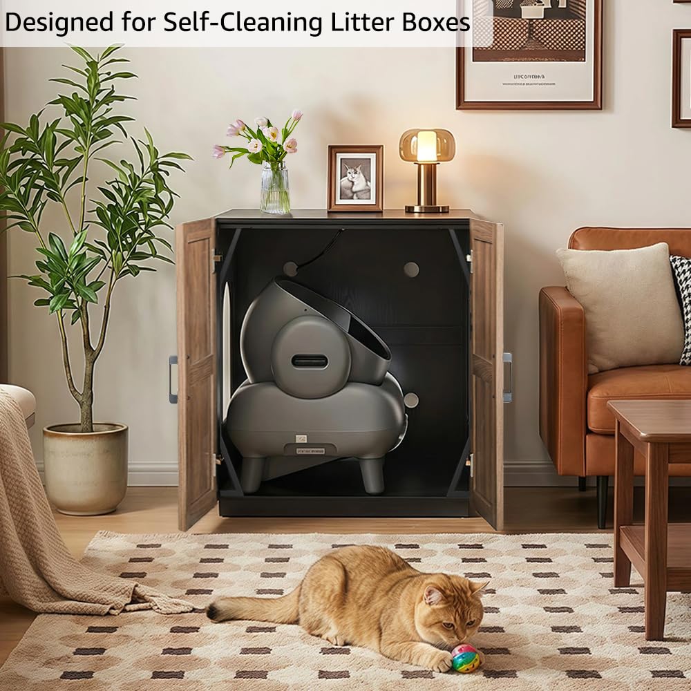 unipaws Extra Large Cat Litter Box Enclosure for Self-Cleaning & Automatic Litter Boxes, Tall Cabinet with Charging Station, Wooden Dog Proof Hidden Cat House for Top Entry Litter Box