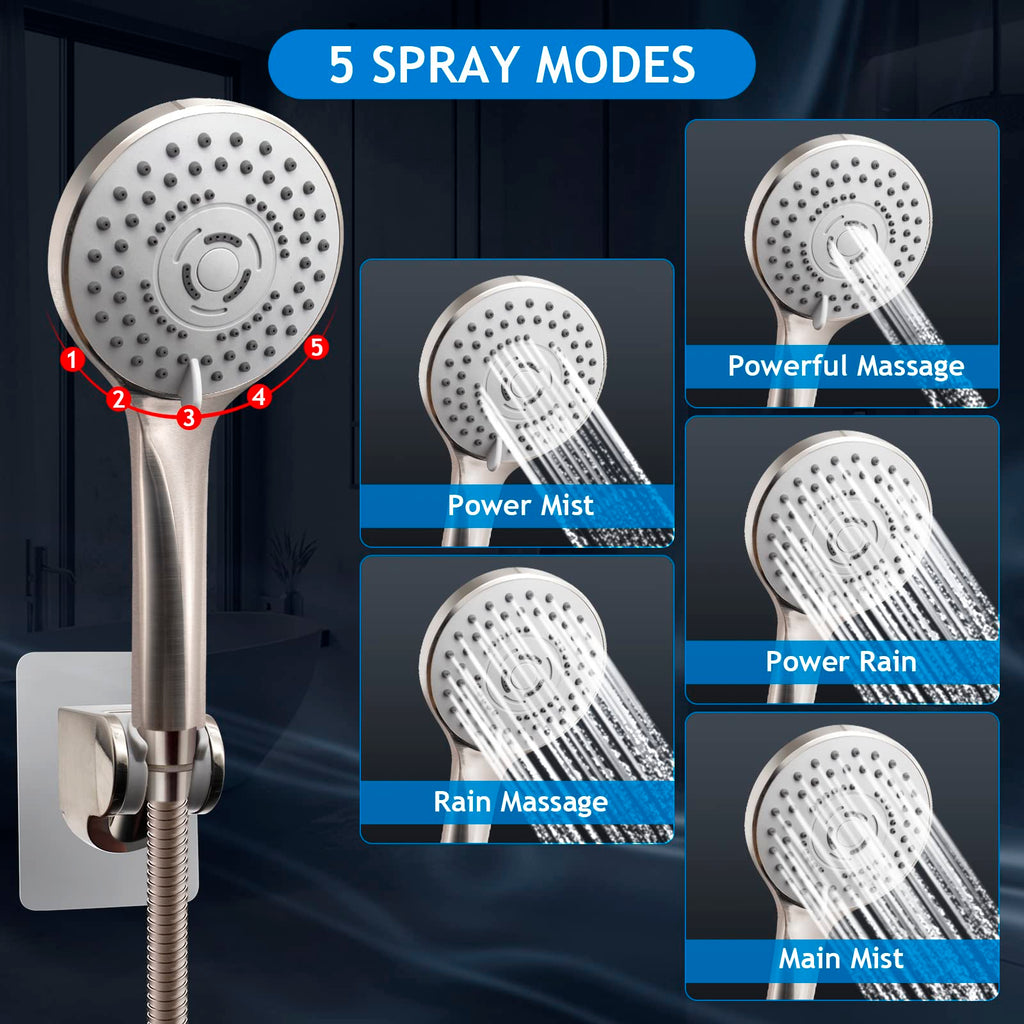 Shower Head Combo(Brushed Nickel),8 Inch High Pressure Rain Shower Head with 11 Inch Adjustable Extension Arm and 5 Settings Handheld Shower Head Combo,Powerful Shower Spray Against Low Pressure Water