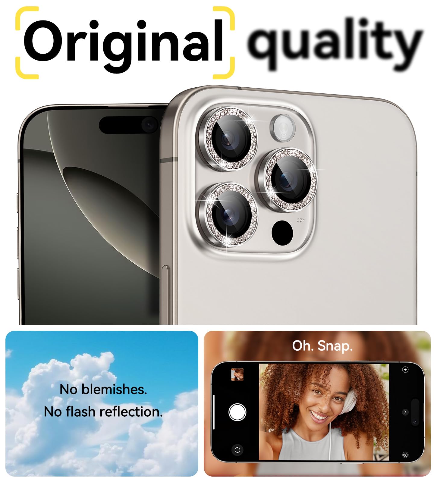 Matekxy Glitter Camera-Lens Protector for iPhone-16 Pro-Max - 16 Pro Anti-Scratch Tempered Glass with Aluminum Edging, Cute Girly Metal Individual Bling Ring Cover for Women, Black Titanium
