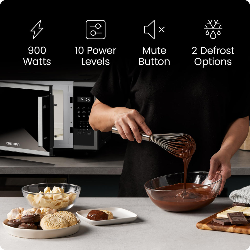 Chefman Compact Countertop Microwave Oven 0.7 Cu. Ft., 700W with 10 Power Levels, 3 Cooking Presets with One-Touch Express Cook, 2 Defrost Settings, Child Safety Lock, & Mute Button – Stainless Steel