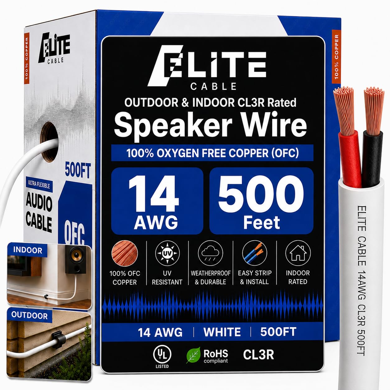 Elite 12/2 Speaker Wire 100ft, UL Listed, CMR/CL3R, (Riser/in-Wall & Outdoor/In-Ground (Direct Burial)- 100% Oxygen Free Pure Bare Copper (OFC), 12AWG/2-Conductor, 100ft Bulk Cable (65 Strands) Black