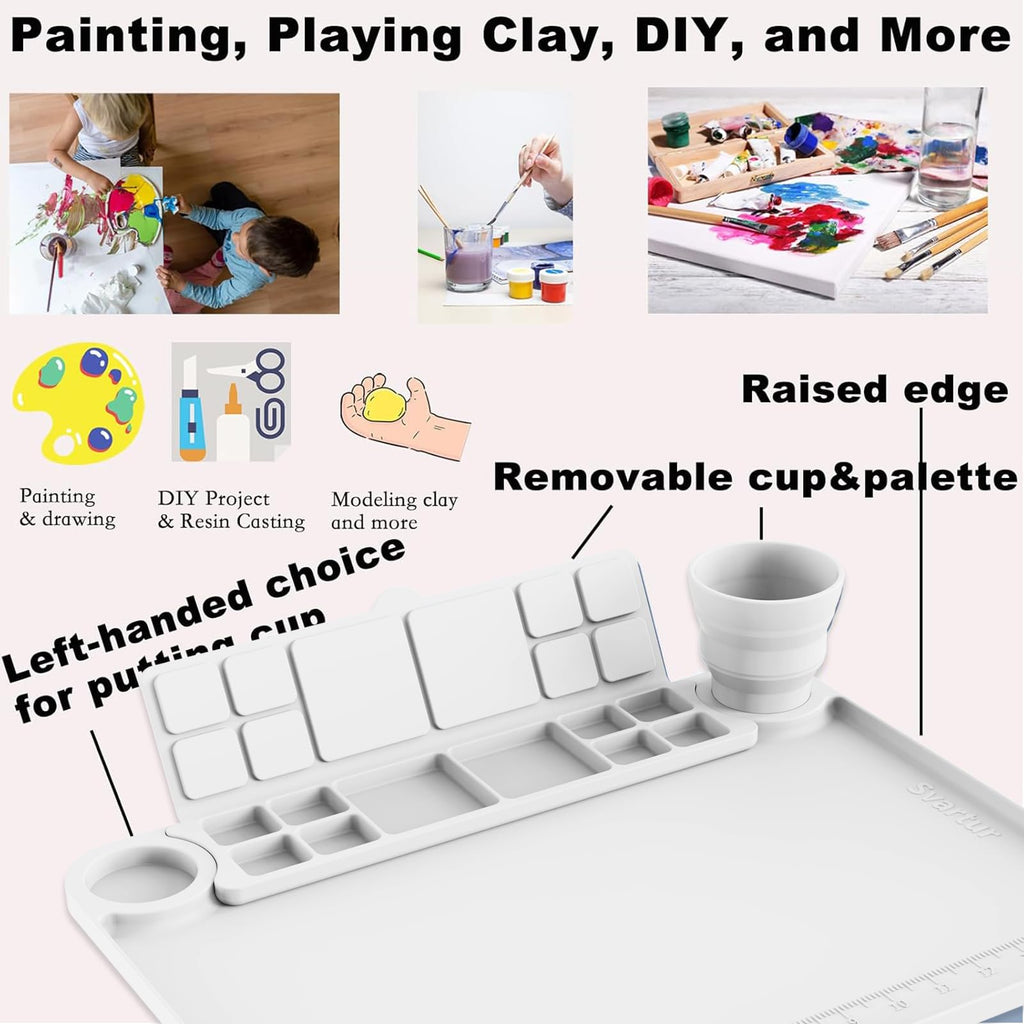 Svartur Silicone Art Mat - 17" X 13" With Cup and Palette, Raised Edge for Craft, Artist Creator Mat for Resin DIY, Coral Pink