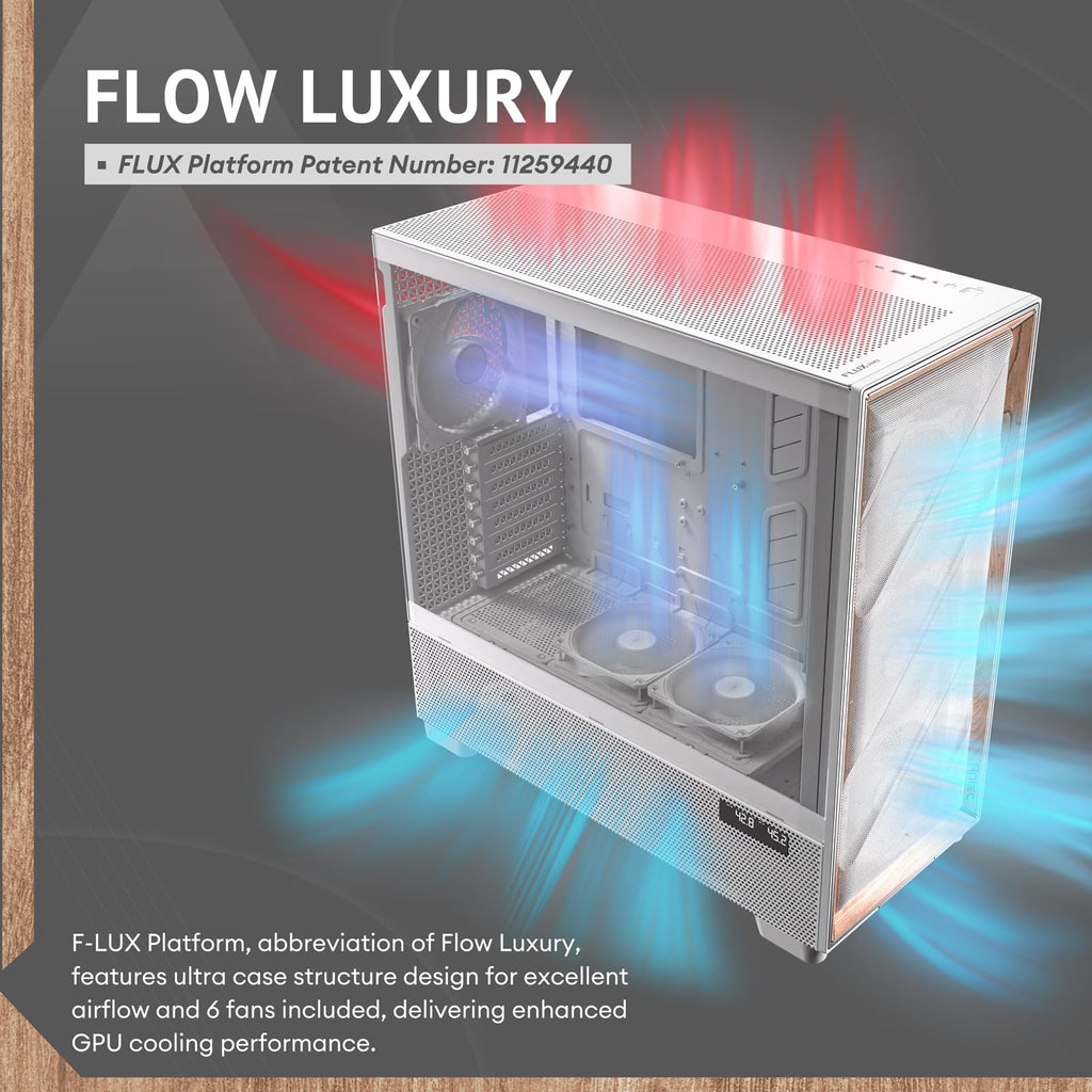 Antec Flux Pro, 6 x PWM Fans Included, High-Airflow Front Panel with Walnut Wood, iShift PSU 90° Mount, USB3.0 x 2, Type-C, 420mm Radiator Support, Temp. Display, Full-Tower E-ATX PC Case