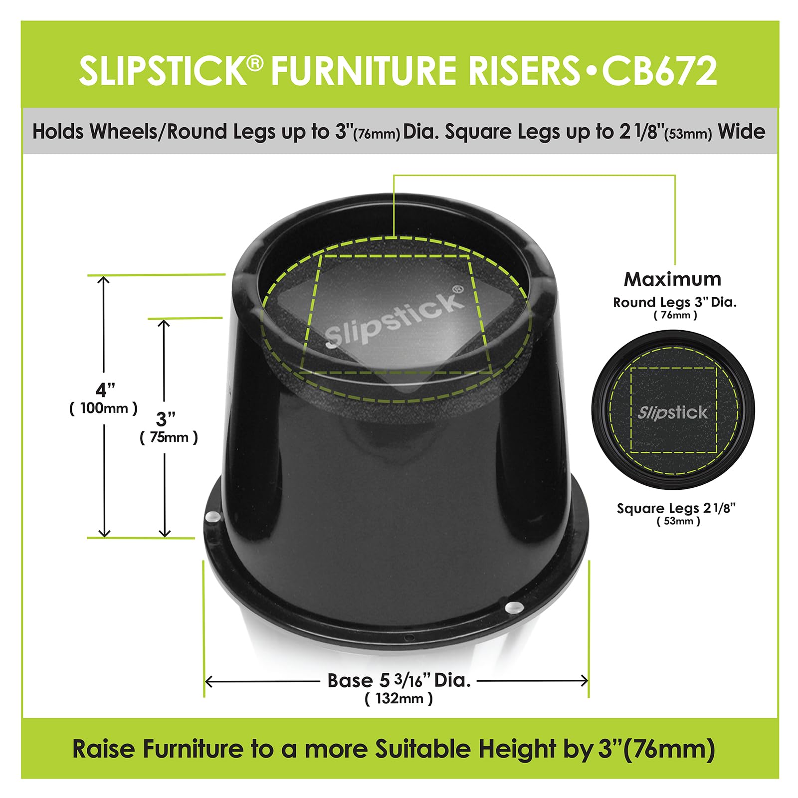 Slipstick CB674 Premium 2 Inch Furniture Risers/Bed Raisers with Steel Reinforced Top (4 Pack) Adds 2" Height, Supports 2,640 Pounds, Stackable with CB671