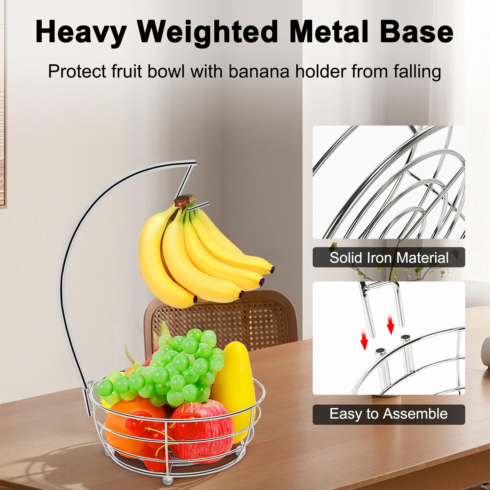 Livabber Countertop Fruit Basket Bowl with Banana Hanger, Modern Standing Fruit Vegetable Bowl Storage, with Banana Tree Holder for Kitchen Dinning Table (Round Marble, Black)