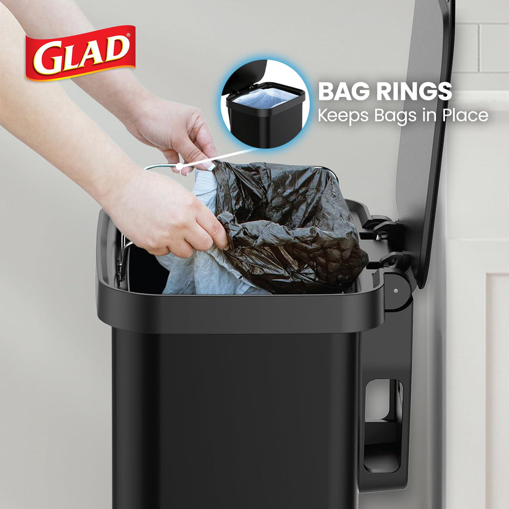 Glad 13 Gallon All Brushed Stainless Steel Trash Can with Clorox Odor Protection | Large Metal Kitchen Garbage Bin with Soft Close Lid, Garbage Bag Rings, Step On Foot Pedal and Waste Bag Roll Holder