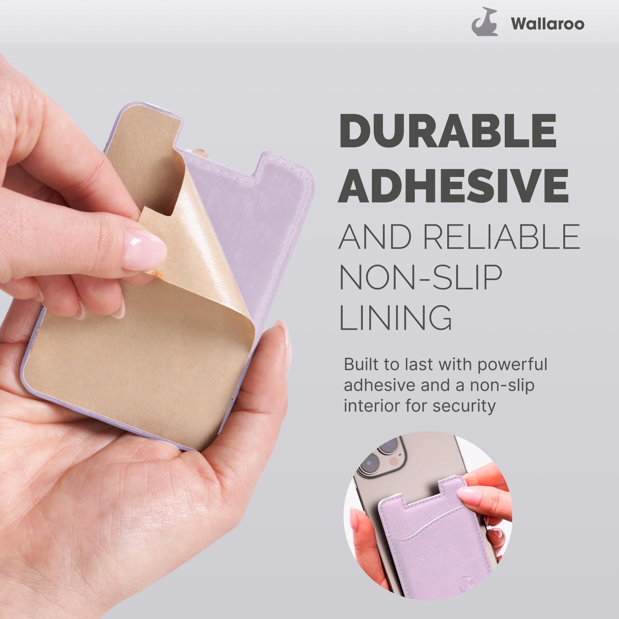 Wallaroo Premium Leather Cell Phone Wallet Stick On - Android and iPhone Wallet and Card Holder for Women and Men - Durable with Non-Slip Lining Secures Up to 3 Cards