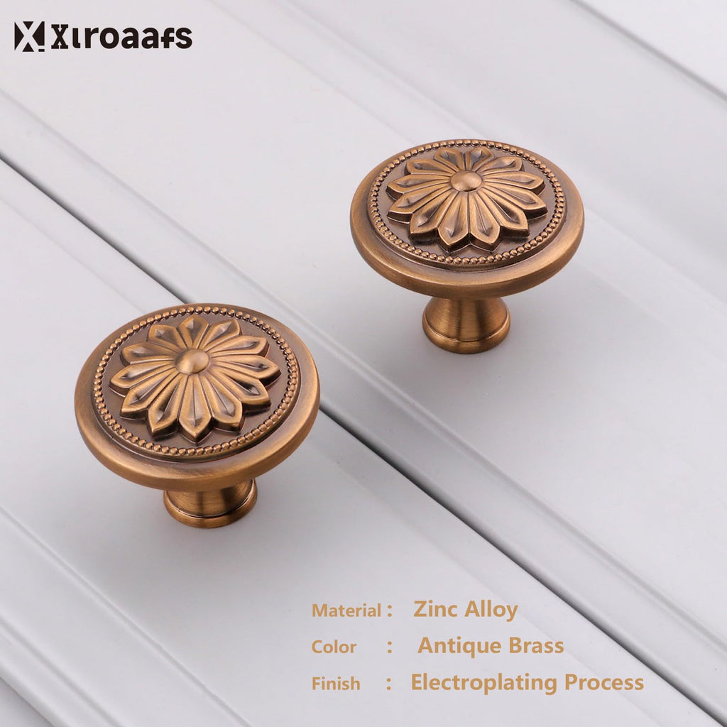 4 Pack Antique Brass Cabinet Knobs Vintage,1-2/5" Round Antique Kitchen Handles for Cabinets and Drawers Vintage Brass Dresser Drawer Knobs