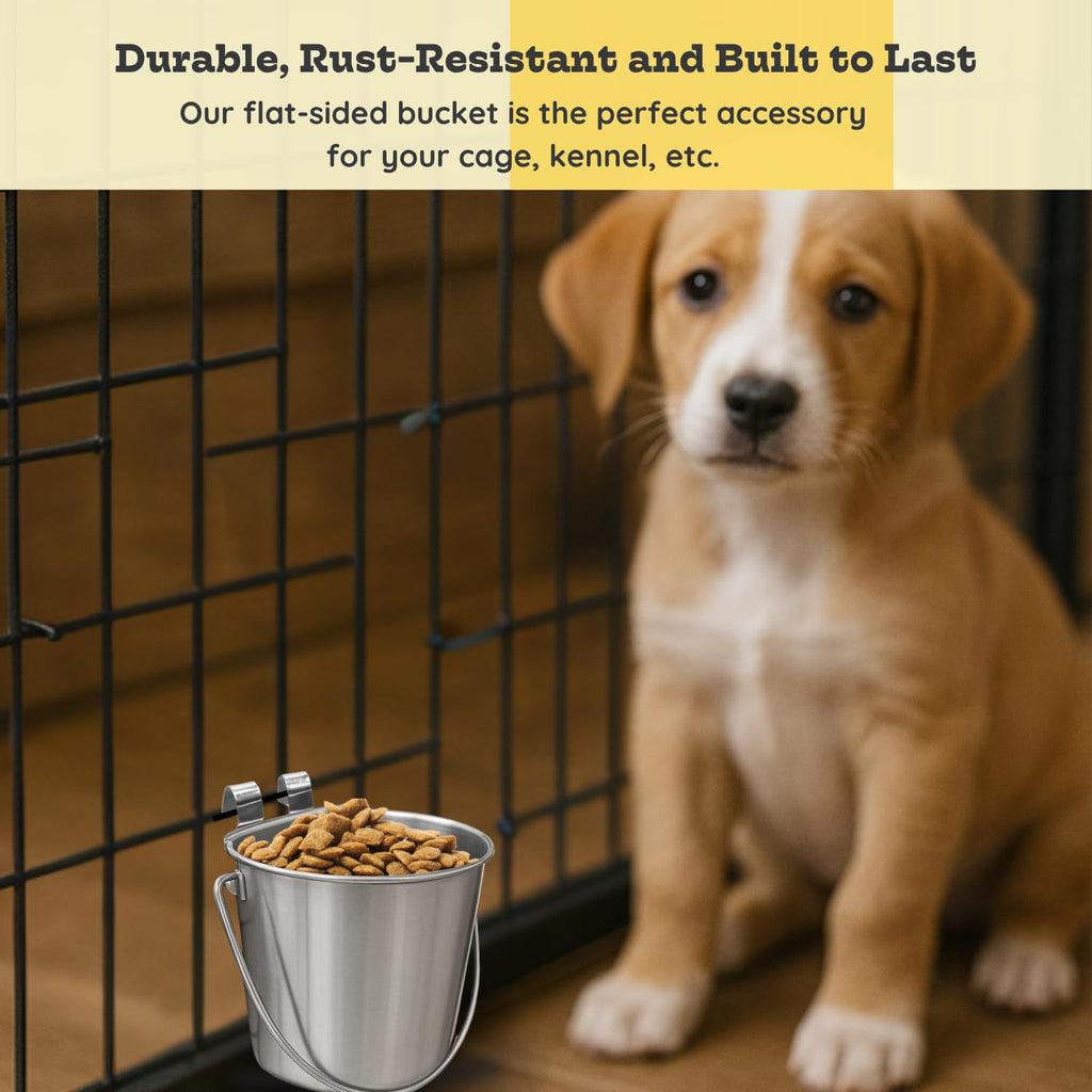 1 quart Stainless Steel Flat Sided Bucket with Dual Hooks | 0.25 gal Durable Food & Water Bowl for Dog Cat Bird & Small Animals | Fits kennel Cage Critter Crate | Hanging Utility Pet Pail