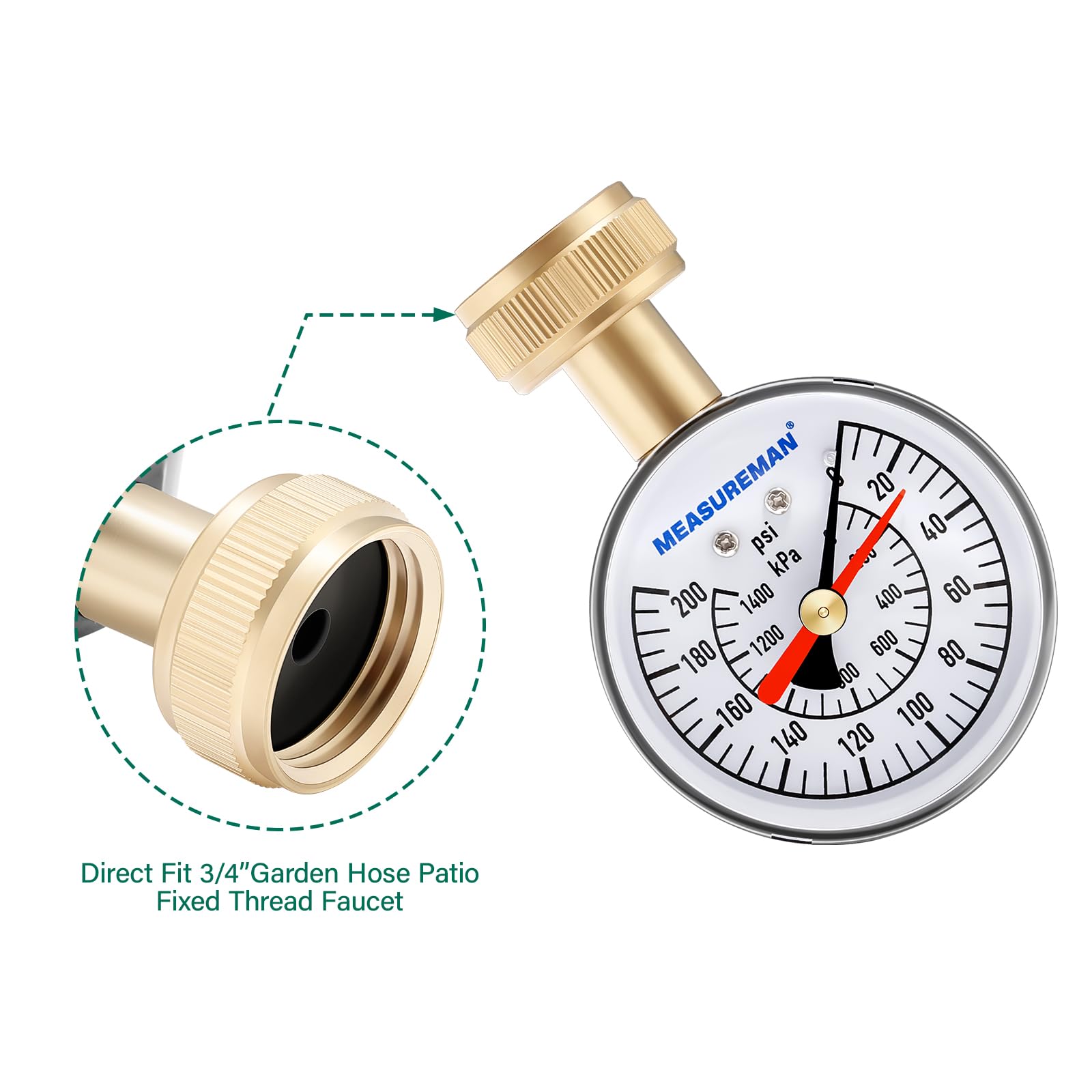 MEASUREMAN 2" Water Pressure Test Gauge, 3/4" Female Hose Thread, 0-200 psi/kpa with Maximum Pressure Memory (Pack of 2)