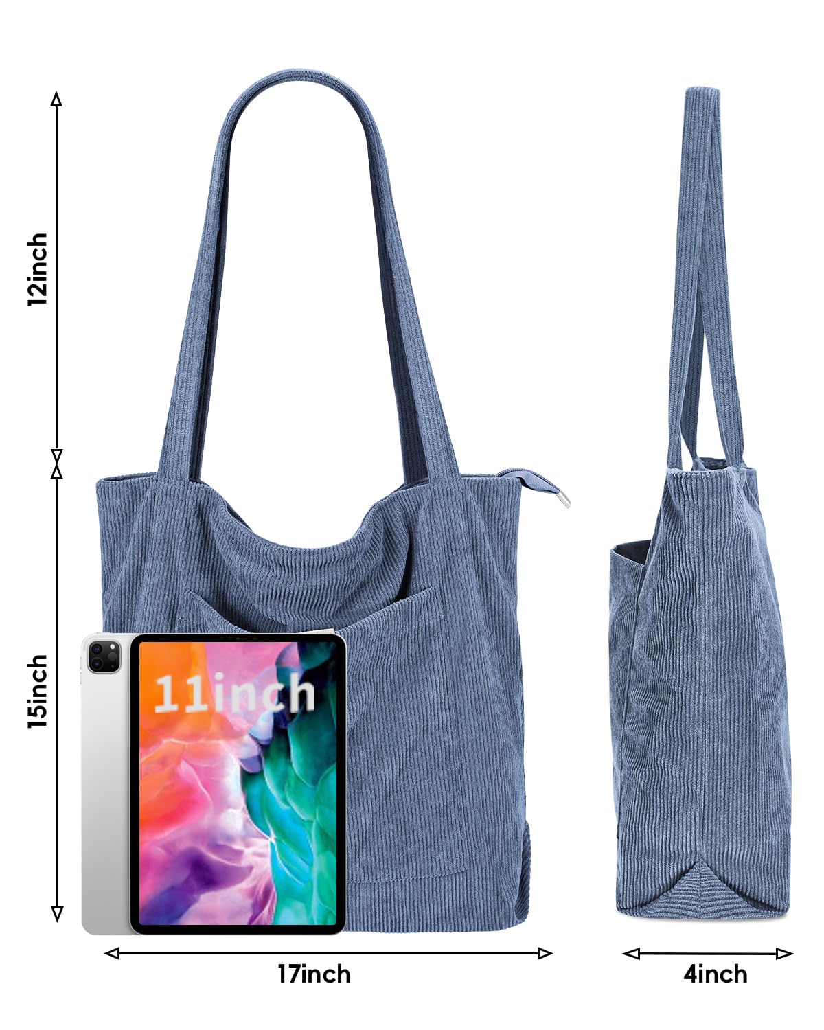 Iioscre Corduroy Tote Bag for Women,Hobo HandBags with Zipper,Large Capacity Casual Shoulder Handbags with Inner Pockets