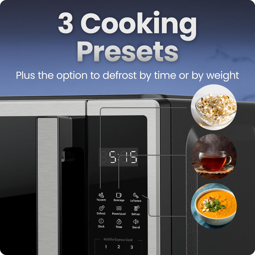 Chefman Compact Countertop Microwave Oven 0.7 Cu. Ft., 700W with 10 Power Levels, 3 Cooking Presets with One-Touch Express Cook, 2 Defrost Settings, Child Safety Lock, & Mute Button – Stainless Steel