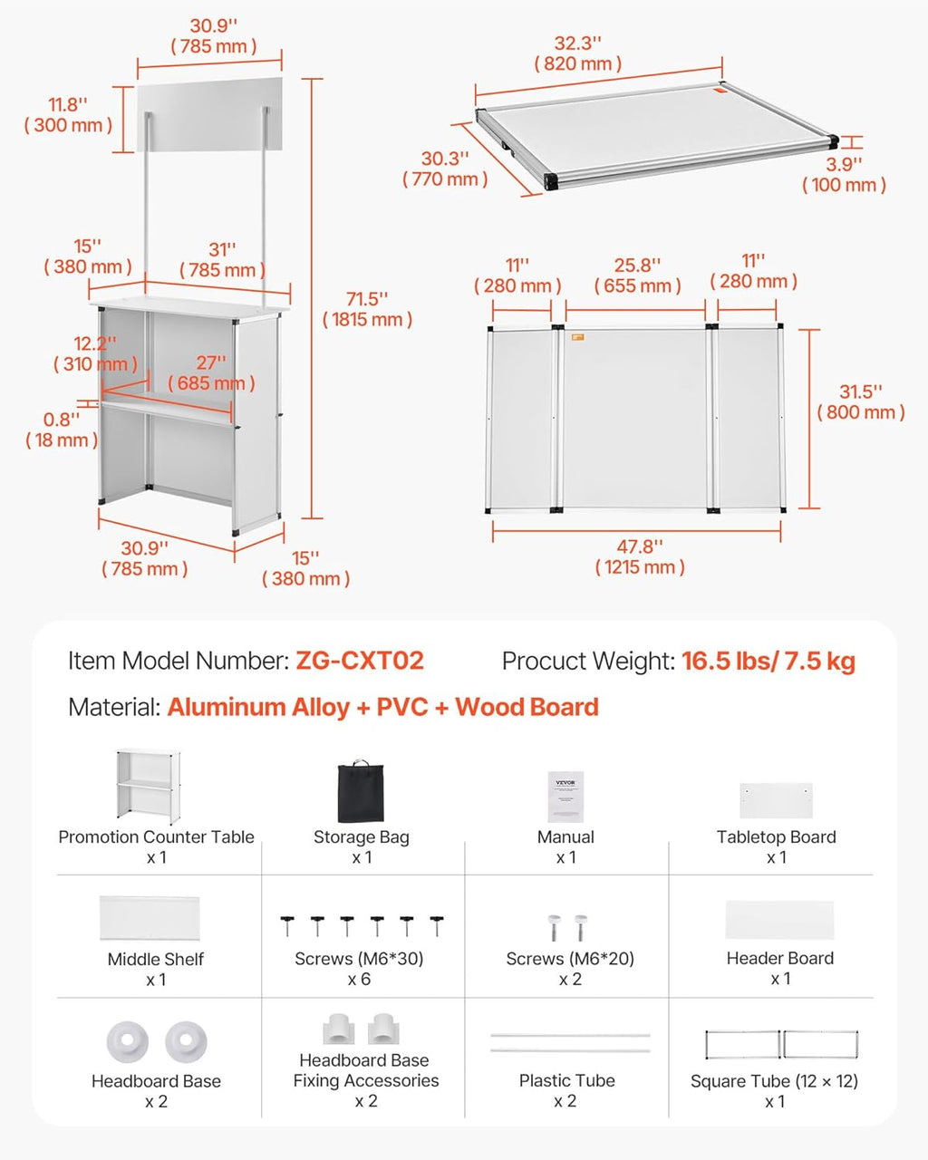 VEVOR Promotion Counter Table, Portable Tradeshow Podium Table, 30.91" x 14.96" x 71.46", Display Exhibition Counter Stand Booth Fair with Wall, Pop Up Podium with Storage Rack/Carrying Bag