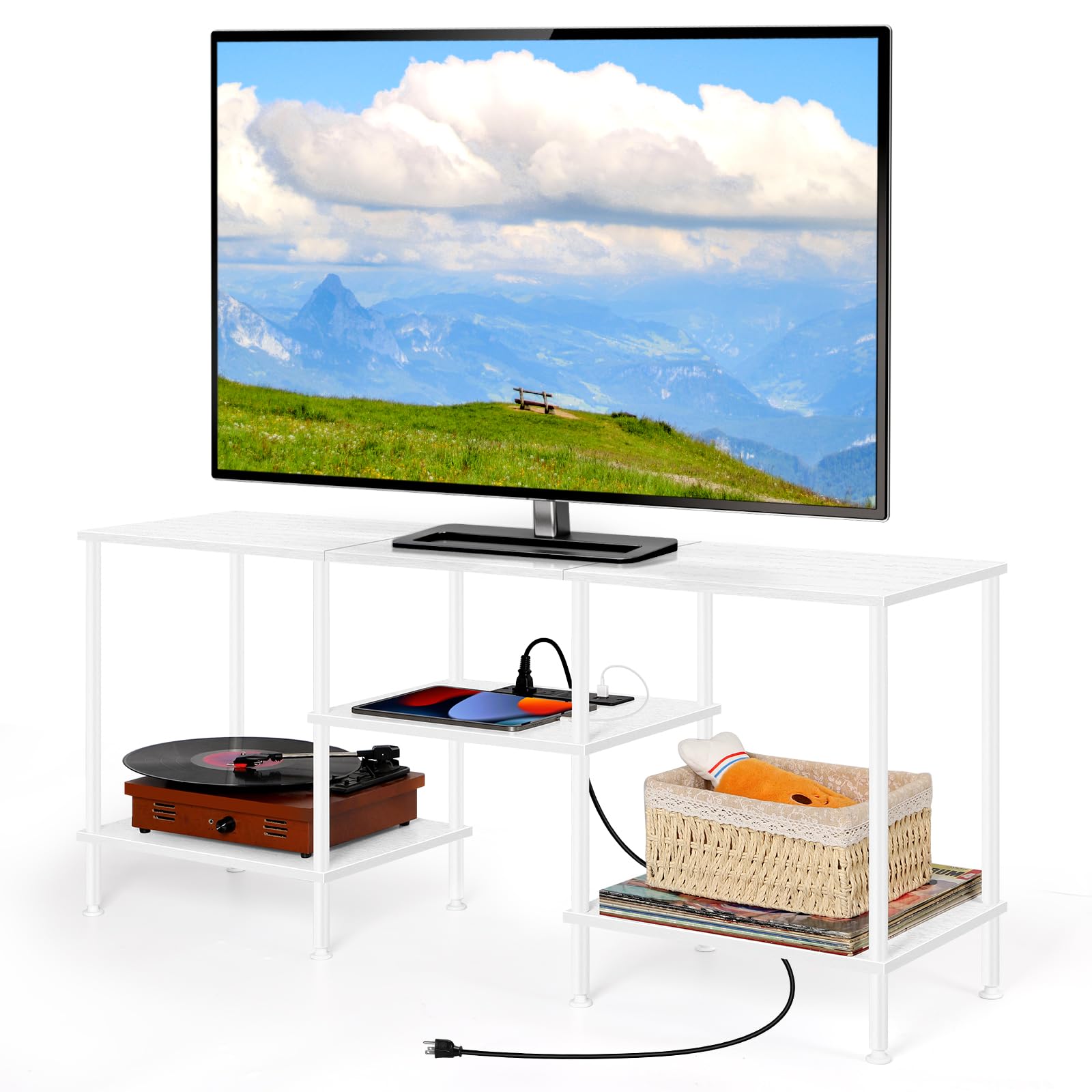 OYEAL Black Bedroom TV Stand with Power Outlets up to 50 inch TV, Small Entertainment Center Stand with Storage Modern Media TV Console Table for Living Room Bedroom