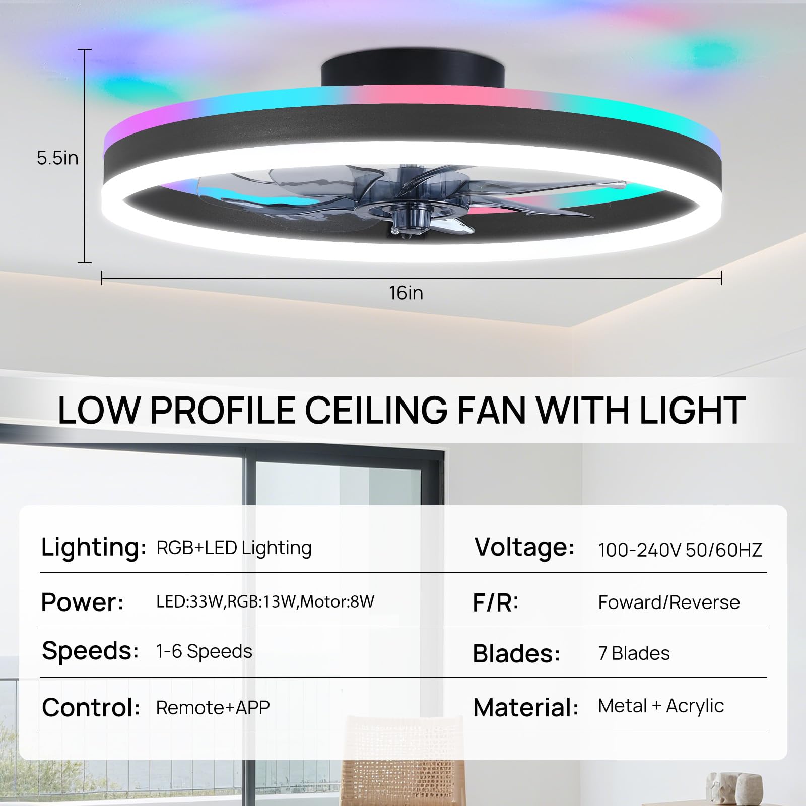 16 Inch RGB Low Profile Ceiling Fans with Lights, Modern Flush Mount Fandelier Chandelier Fixture, Remote & APP Control, Black LED Ceiling Fan Light for Bedroom, Living Room, Kitchen Indoor