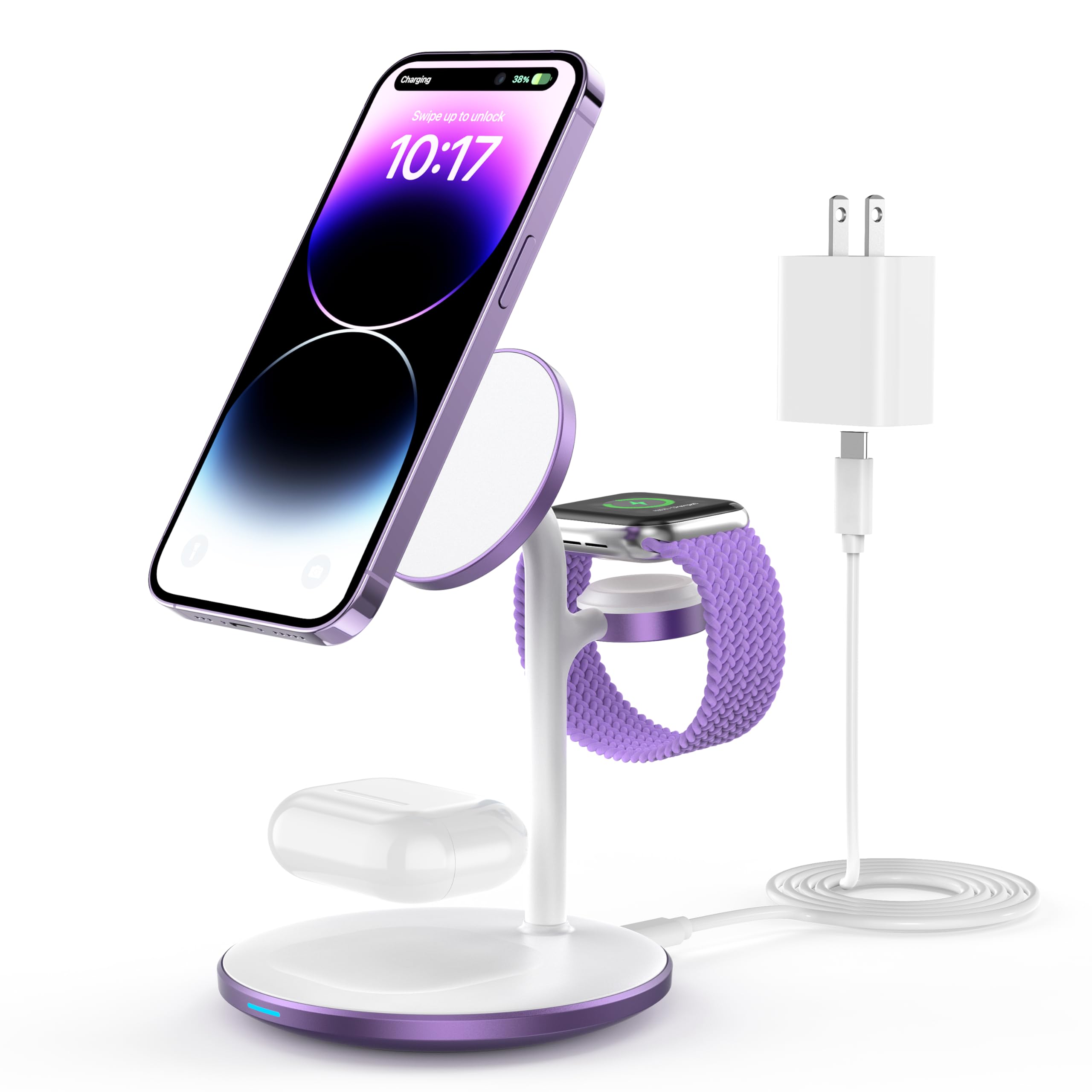 XooFly 3 in 1 Wireless Charging Station for Apple Devices, Fast Wireless Mag-Safe Charger Stand with 20W Adapter for iPhone 17/16 15 14 13 12 Pro Max/Pro/Plus/Air/Mini, iWatch, AirPods (Black)