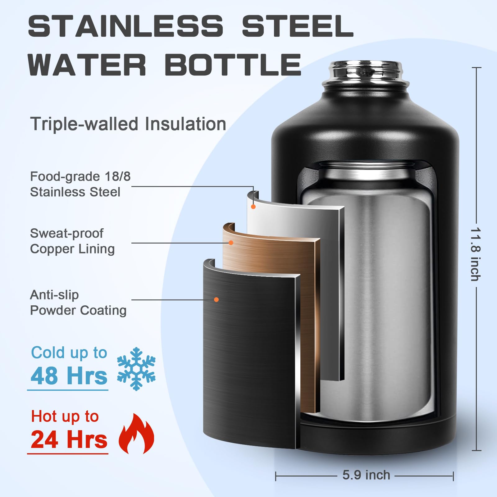 GAZLEMHO 40 oz Insulated Water Bottle with Straw& Spout 2-in-1 Lid, Triple Wall Vacuum Stainless Steel Cold 48H, Leak Proof Sports Metal Flask Jug with Paracord Handle, Black